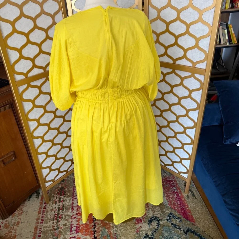 Banana Republic Size XL Yellow Lemon Candy Voile Elbow Sleeve V-Neck Midi Dress - Picture 8 of 16